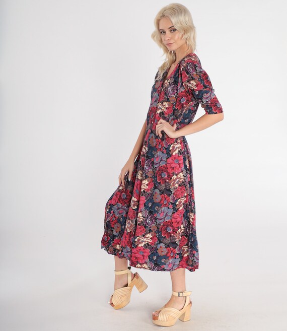 Floral Day Dress 80s Button up Midi Dress Puff Sl… - image 4