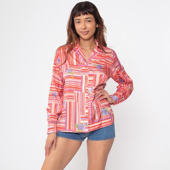 Striped Floral Blouse 70s Coral Pink Geometric Purple Rose Button Down Vintage Collared Long Sleeve Patchwork Spring Disco Shirt Large L
