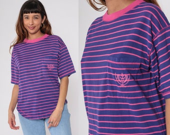 90s Striped T Shirt Anchor Crest Pocket T Shirt Blue Pink Nautical Ringer Tee Retro Tee Vintage High Low Hem 1990s Short Sleeve Medium