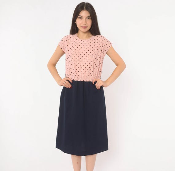 80s Polka Dot Dress Summer Sundress Pink Navy Blue Two Tone Cap Sleeve Round Neck A Line Blush Rose Vintage Rockabilly Pin Up Medium M