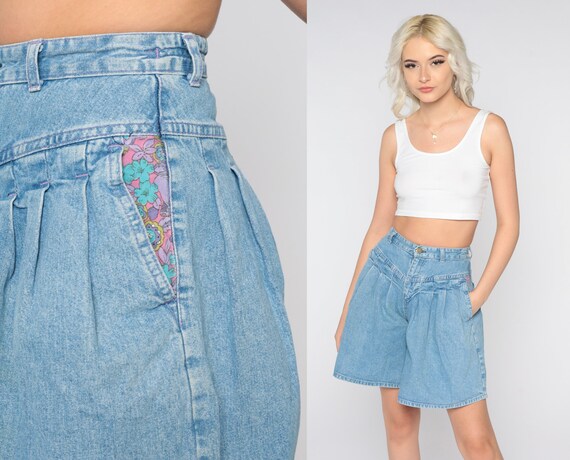 Pleated Jean Shorts 90s Denim Shorts Retro Blue Paper Bag Shorts Boho Mom Shorts High Waisted Floral Hipster Vintage 1990s Extra Small xs