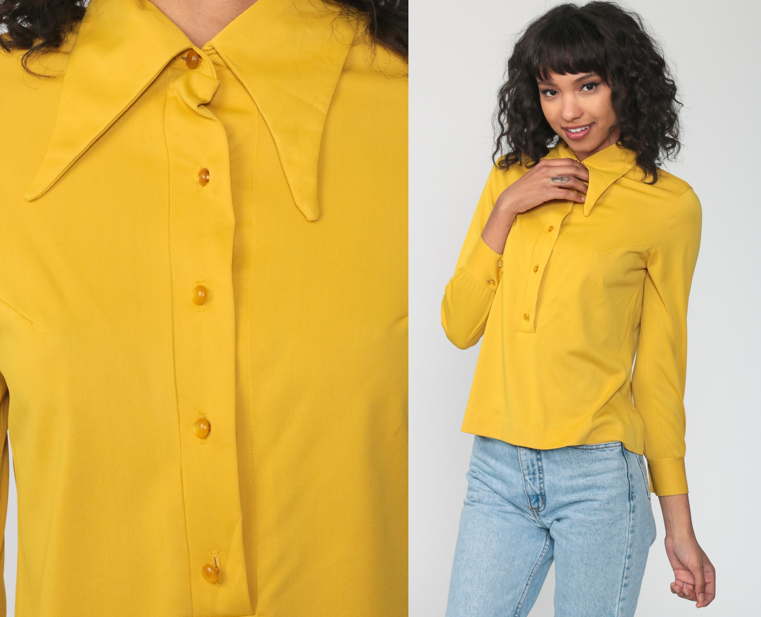 Yellow Long Sleeve Shirt 70s Shirt POLO Half Button Up 1970s Plain
