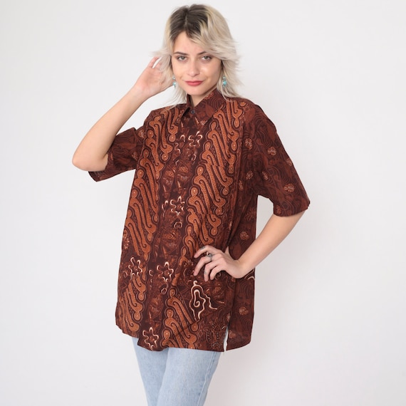 90s Batik Shirt Brown Abstract Floral Swirl Button Up Shirt Geometric Hippie Bohemian Retro Collared Short Sleeve Vintage 1990s Large