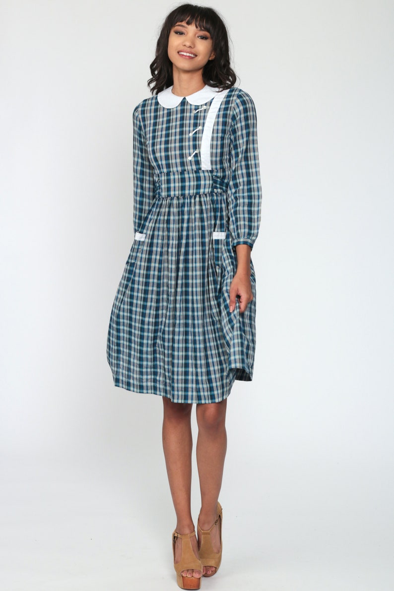 Plaid Babydoll Dress 60s Midi Dress PETER PAN Collar Blue Etsy