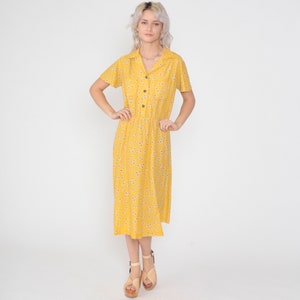80s Day Dress Yellow Midi Dress Abstract Dot Print Button up Shirtwaist Short Sleeve Collared V Neck Retro Vintage 1980s Avon Extra Large xl image 2
