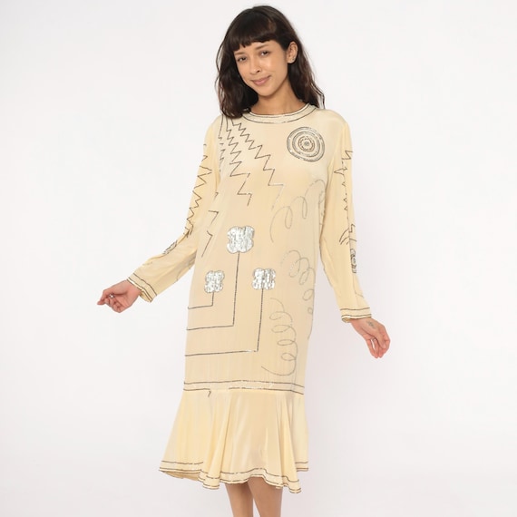 90s Silk Beaded Dress Cream Yellow Drop Waist Flapper Art Deco Embroidered Pleated Hem Vintage Cocktail Party 1920s Revival Medium M