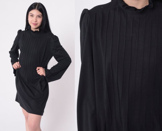 Black Ruffle Neck Dress 70s Mini Pintuck Dress Cocktail Party Dress 1970s Shift Long Puff Sleeve Vintage Plain Medium Large