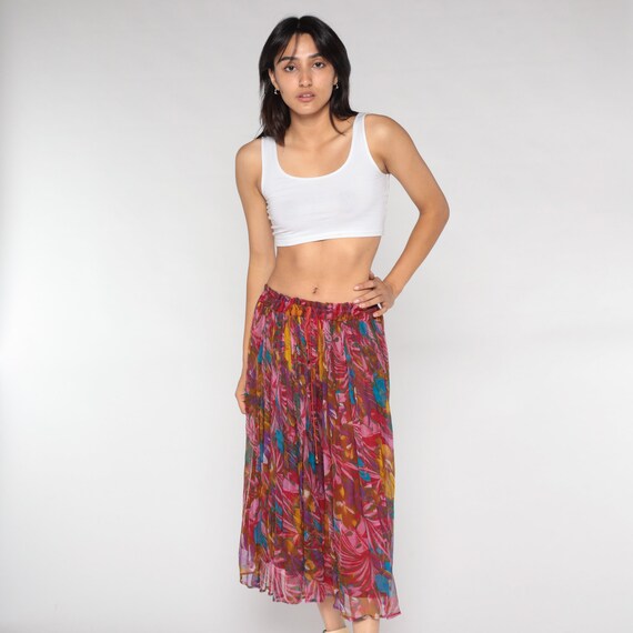 Floral Broomstick Skirt 90s Red Midi Skirt Bohemian Flowy Hippie Abstract Flower Print Summer Retro Festival Vintage 1990s Medium M