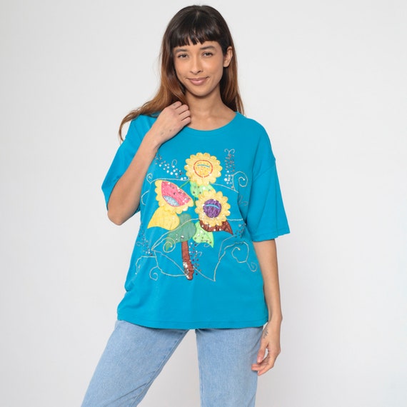 Sequined Floral T Shirt 90s Turquoise Flower Tee Embellished Beaded Blue Graphic Embroidered Tee Short Sleeve TShirt 1990s Vintage Large