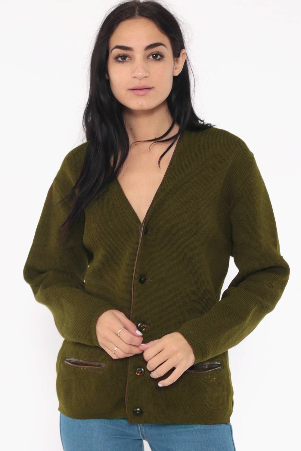 Wool Cardigan Grandpa Cardigan Sweater 80s OLIVE Green Button Up 