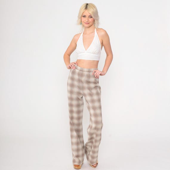 70s Plaid Pants Taupe Beige Flared Tartan Trousers High Waisted Bell Bottoms Checkered 1970s Vintage Small Medium