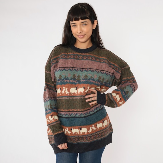 Vintage Wool Sheep Sweater 80s Olive Green Novelty Lamb Scene Knit Pullover Nature Graphic Jumper 1980s Pastoral Farm Concept Knitwear Large