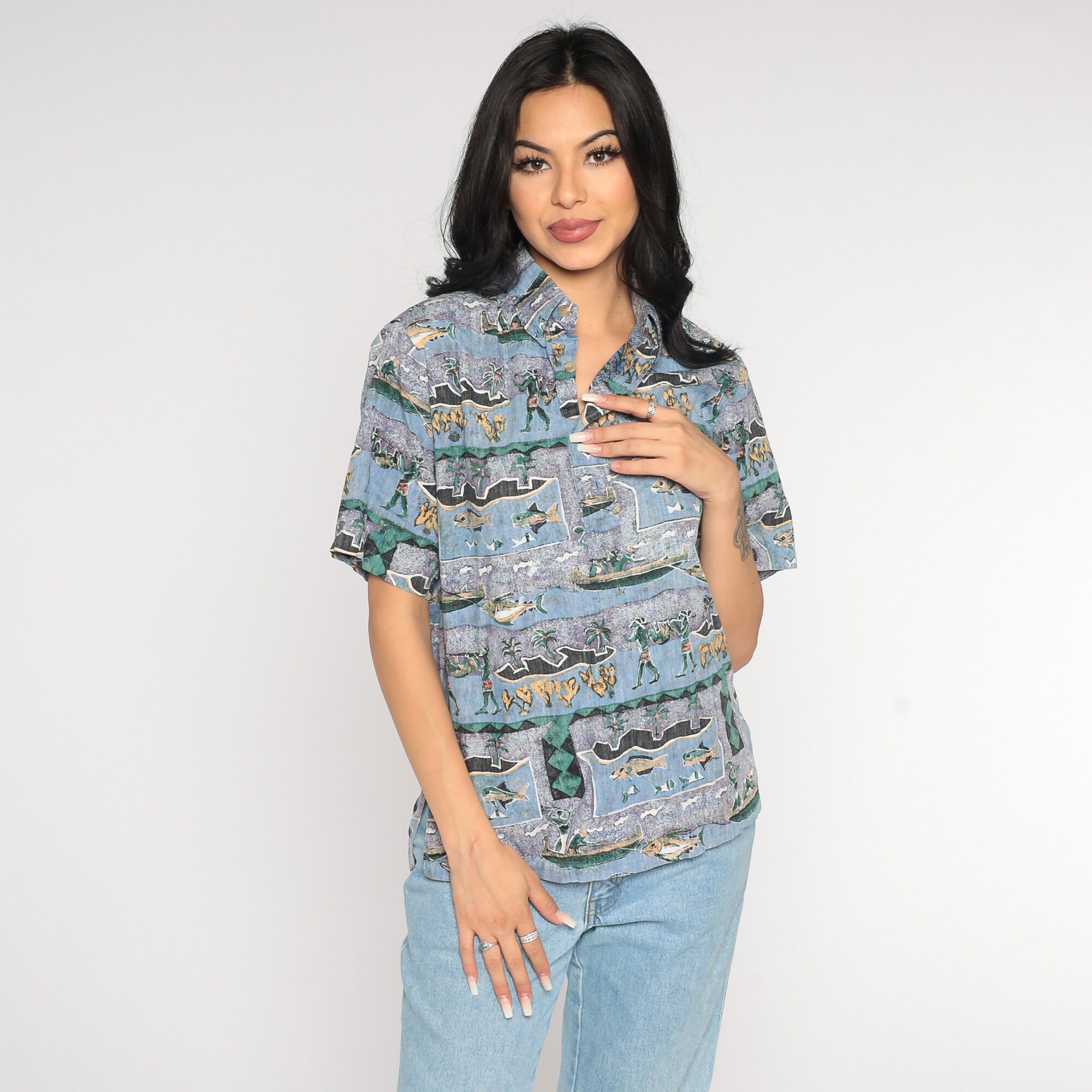 Tropical Shirt Y2k Fishing Island Print Button Up Retro Surfer Polo ...