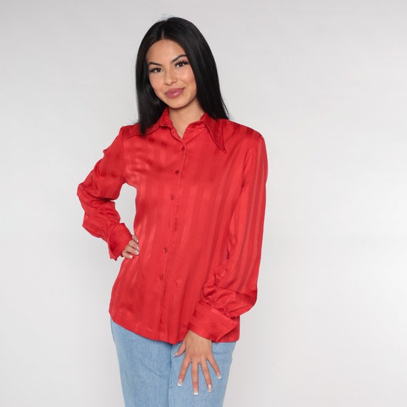 Red Striped Blouse 70s Button Up Top Embossed Dagger Collar Disco Shirt Retro Long Sleeve Seventies Collared Shiny Vintage 1970s Medium M