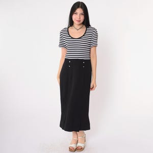 Y2K Black and White Striped Dress Double Breasted Button Waist Short Sleeve Midi Monochrome Preppy Scoop Neck Vintage Style Size 10 Medium M