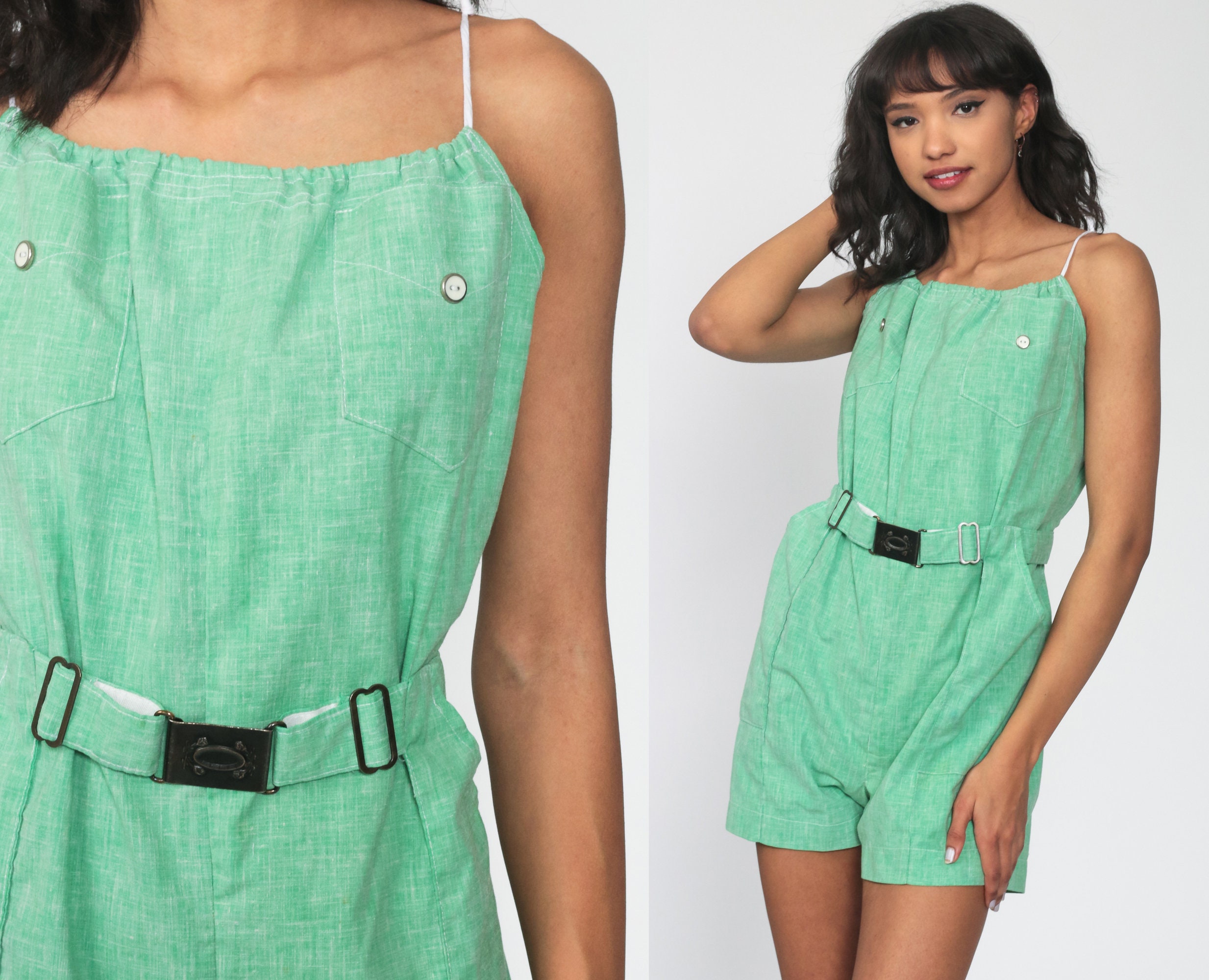Green Romper 70s Onesie Shorts Summer Playsuit High Waisted 1970s One Piece Mod Belted Vintage
