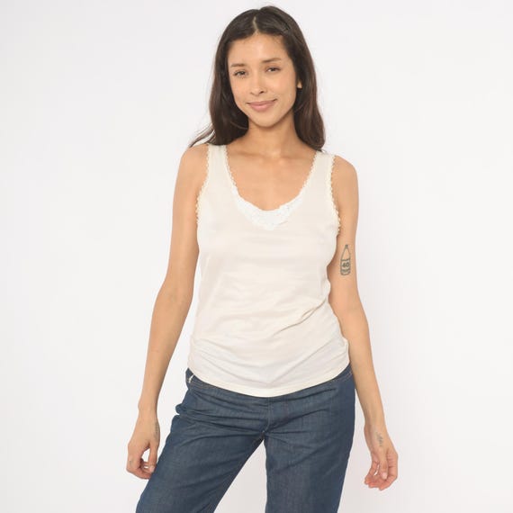 Lace Trim Cami 80s Ivory Scoop Neck Tank Cream Off White Camisole Cottagecore Coquette Feminine Pullover Sleeveless Blouse Top Small S