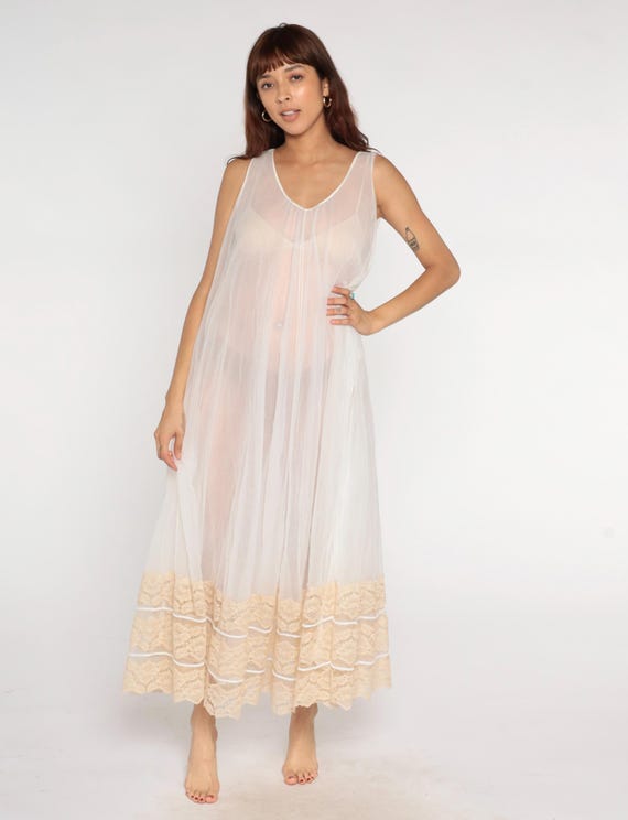 Sheer Prairie Nightgown 70s White Maxi Slip Dress Lace Trim Cottagecore Fairycore Lingerie Negligee Cream Yellow Victorian Wedding Large L