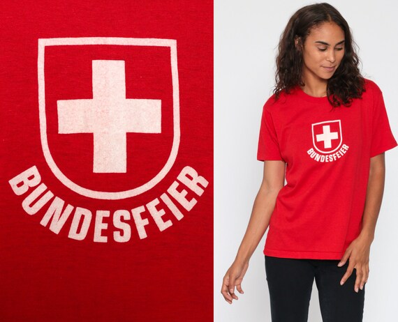 Swiss Shirt 80s BUNDESFEIER T Shirt Red TShirt Switzerland Vintage Graphic Paper Thin Burnout Tshirt Top Retro Tee Basic 1980s Medium Large