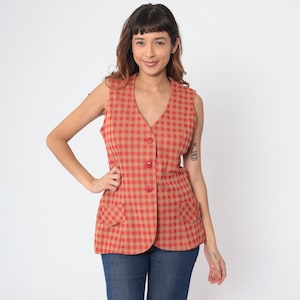 70s Plaid Vest Checkered Button Up Vest Sleeveless Jacket Red Tan Retro Mod Preppy Top Check Print Seventies Longline Vintage 1970s Medium