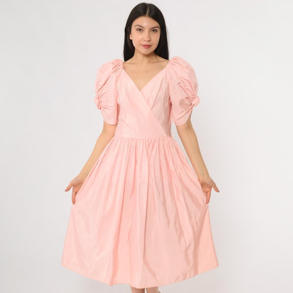 80s Prom Dress Pink Princess Puff Sleeve Midi Formal Dance Party Romantic Fairytale Dreamy Coquette Homecoming Ballgown Tea Party Medium M