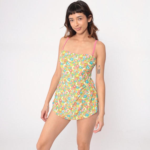 80s Floral Swimsuit One Piece Multicolor Pink Yellow Blue Green Red White Romper Playsuit Halter Vintage Summer Beachwear Colorful Large L