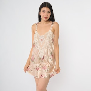 Vintage 90s Satin Floral Slip Dress Champagne Pink Roses Lace Trim Lingerie Nightgown Sleepwear Intimate Apparel Boudoir Nightie Medium M