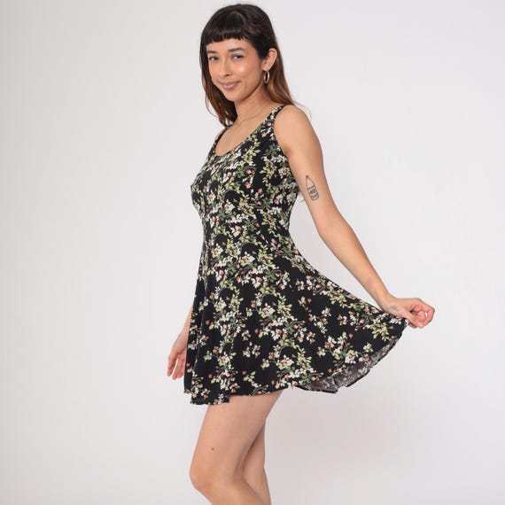 90s Floral Mini Dress Sleeveless A-Line Day Dress Fit Flare Black Sundress Flower Rose Print Sun Bohemian Vintage 1990s Small Medium