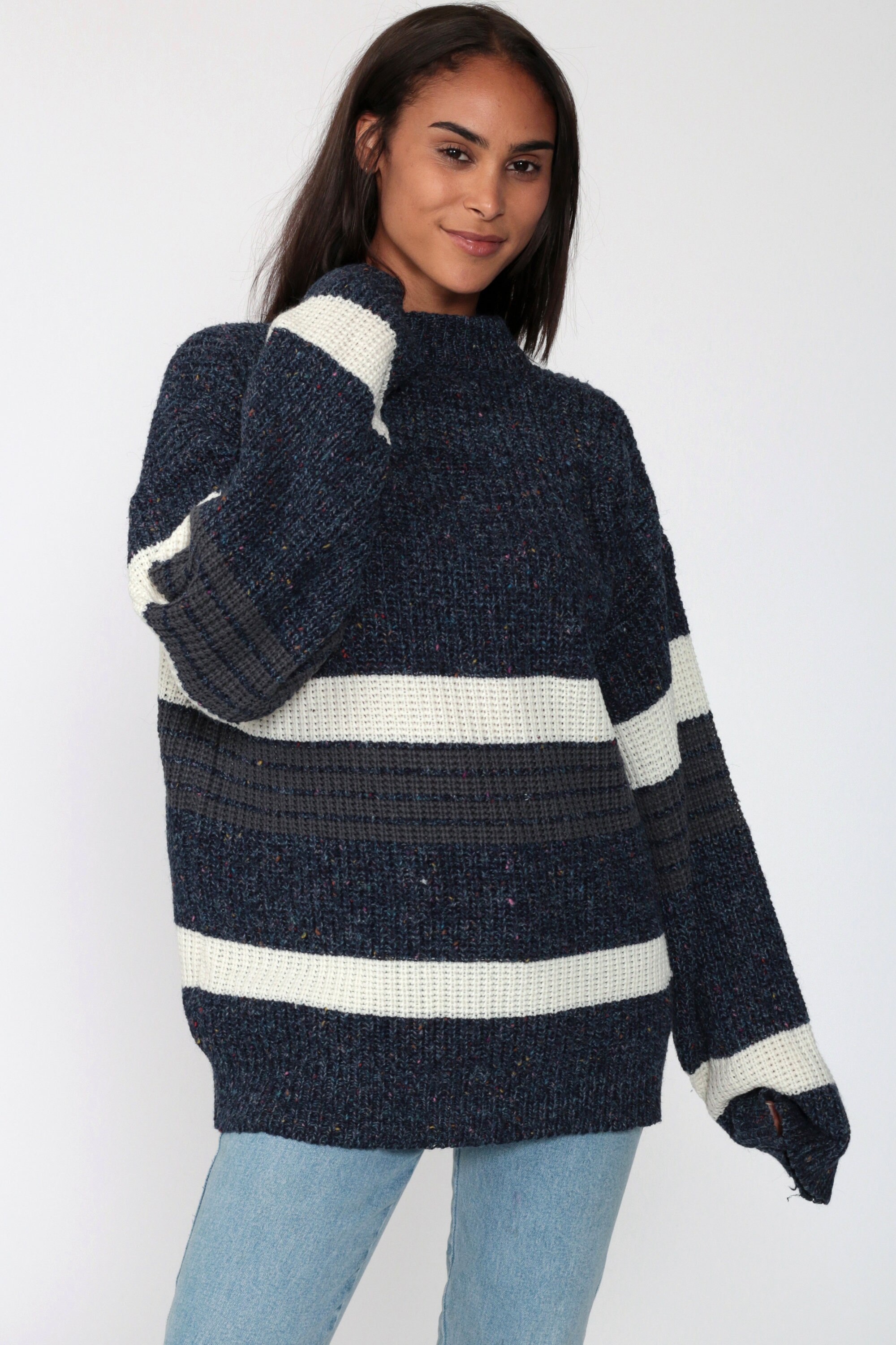 Flecked Sweater 80s Striped Knit 90s Pullover Cozy Wool Blend Grunge