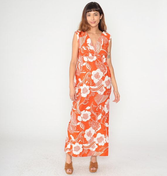 70s Hawaiian Dress Orange Floral Print Sleeveless V Neck Tropical Resort Vacation Summer Beach Boho Vintage Halii honolulu Large L