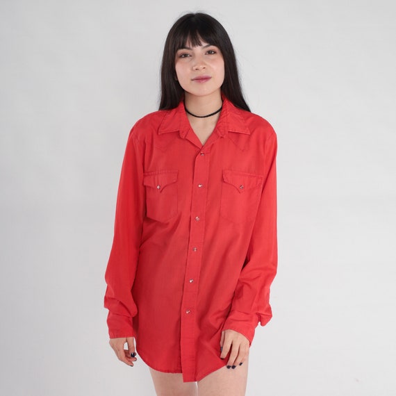 Red Western Shirt 80s Pearl Snap Shirt Long Sleeve Button Up Rodeo Cowboy Plain Retro Westernwear Basic Vintage 1980s Carman Mens Medium M