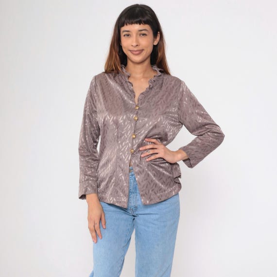 Vintage 80s Taupe Jacquard Blouse Ruffle Collar Textured Button Up Long Sleeve Romantic Victorian Style Glam 1980s Party Top Large L