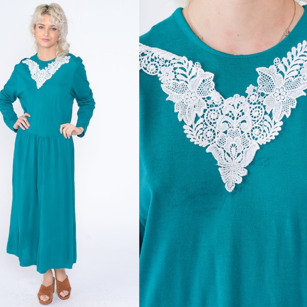 Teal Granny Dress 90s Floral Lace Applique Maxi Dress Long Sleeve Low Drop Waist Secretary Ankle Length Boho Vintage 1990s Extra Large xl