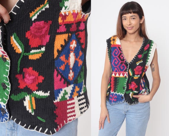 90s Patchwork Vest Granny Square Colorful Multico… - image 2