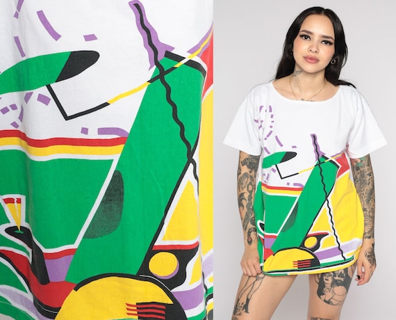 Stylized Golf Shirt 00s Abstract Graphic Tee Golfer T Shirt Vintage Y2K Bright Tshirt 2000s Golfing Tee White Large L