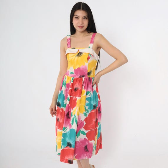 Vintage 80s Floral Sun Dress Smocked Sundress Midi Summer Dress 1980s Full Skirt Bright Pink Yellow Fit and Flare Small s