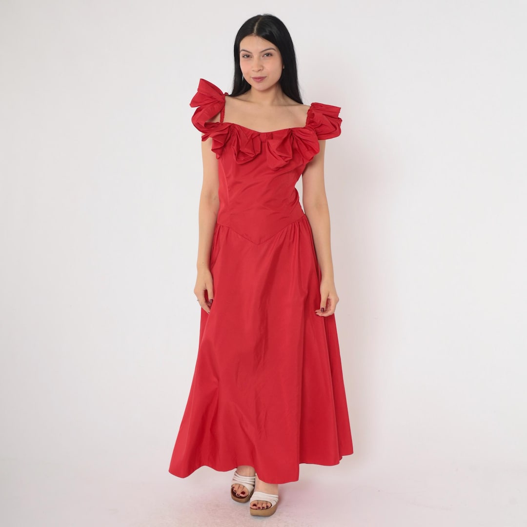 80s Red Taffeta Gown off Shoulder Ruffle Bust Prom Dress Vintage ...