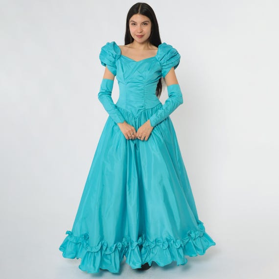 Princess Gown 80s Turquoise Ball Gown With Sleeves Puff Ruffle Prom Dress Costume Fairytale Ball Masquerade Medieval Extra Small XS 6