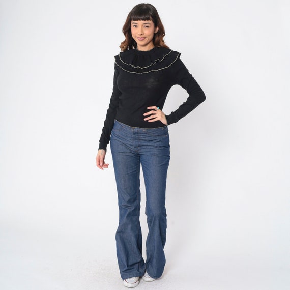 Bertha Collar Sweater 70s 80s Black Silver Trim Ruffle Metallic Pullover Sweater Retro Knit 1970s Bohemian Hippie Vintage Jumper Small xs s