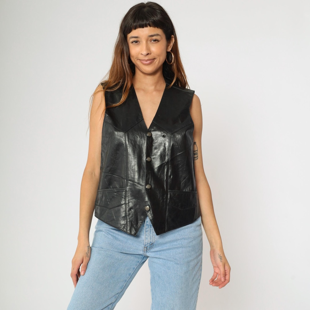 Black Leather Vest 90s Biker Button up Vest Top Rocker Snap up ...