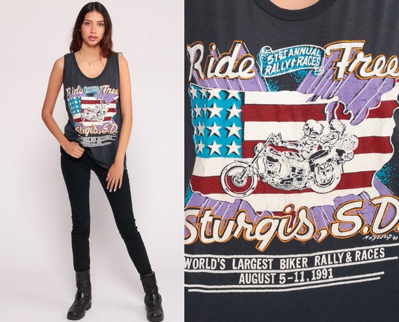 Sturgis Shirt 1991 Biker Tank Top RIDE FREE Motorcycle Rally 90s American Flag Shirt Vintage Grey Men Extra Large xl