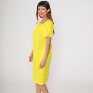 90s Floral Embroidered Dress Bright Yellow Midi Dress Tent Short Sleeve Pockets Retro Shift Loose Beach Day Vintage 1990s Small S image 4