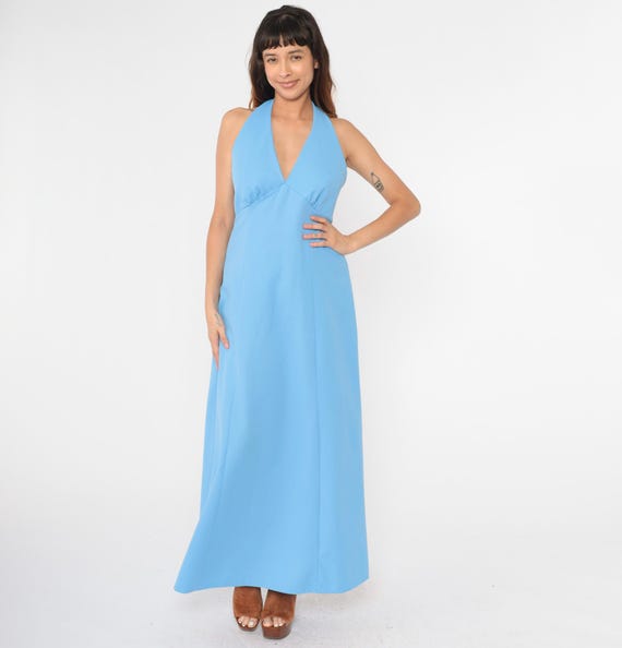 70s Halter Dress Blue Maxi Dress Sleeveless Deep V Neck Gown Long Disco Seventies Dress Open Back Summer Empire Waist Vintage 1970s Medium M
