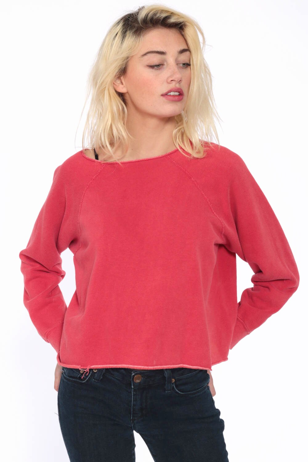 Red Raglan Sweatshirt 80s Plain Faded DISTRESSED Long Sleeve Shirt ...