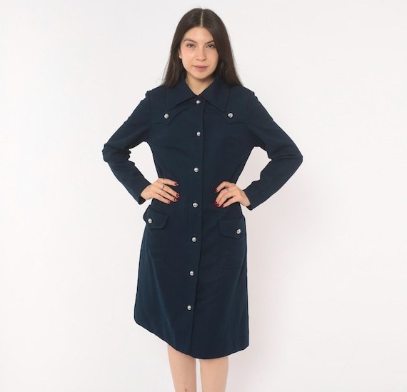 70s Navy Coat Dress Silver Ball Button Front Western Yoke Pointed Collar Long Sleeve A Line Shirt Style R & K Originals Vintage Medium M