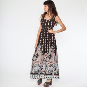 Hippie Maxi Dress 70s Psychedelic PAISLEY Print Bohemian Long 1970s High Waisted Vintage Boho Sleeveless Brown Hippy Small