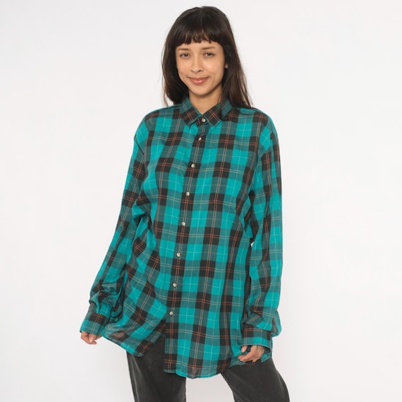 Teal Plaid Flannel Shirt 90s Grunge Button Front Cotton Black Check Pattern Turquoise Aqua Casual Boyfriend Fit Vintage Extra Large XL