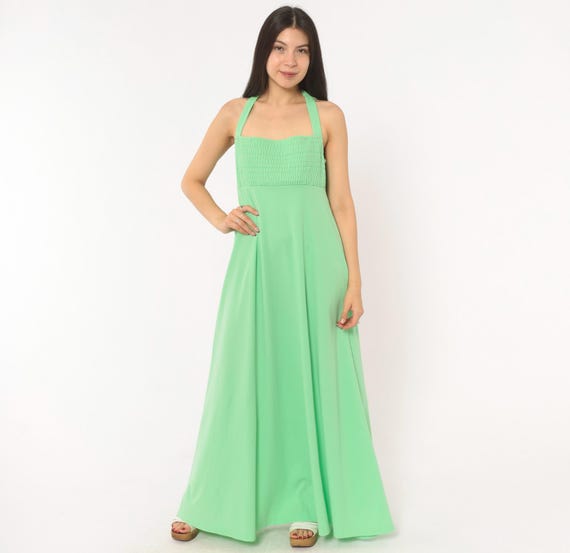 70s Mint Green Halter Dress Maxi Gown Flowy Summer Sundress Tie Neck Backless Empire Waist Sage Seafoam Vintage Sleeveless Medium M