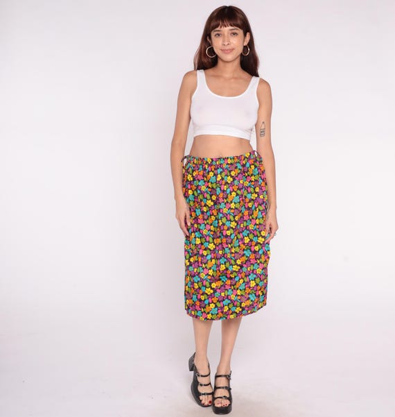 Rainbow Floral Skirt 90s Bright Colorful Drawstring Cotton Black Pink Yellow Blue Orange Purple A-Line Summer Maximalist Vintage Medium M