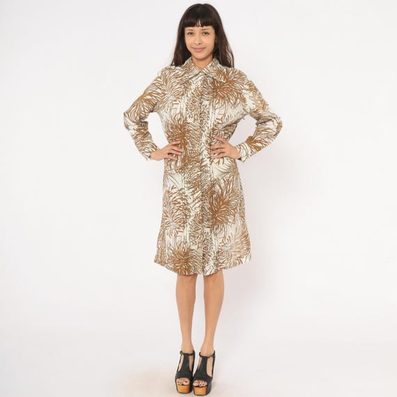 70s Tropical Print Shirt Dress Brown Cream Button Front Collar Pintuck Bib Knee Length Long Sleeve Cotton A Line The Spectator Large L